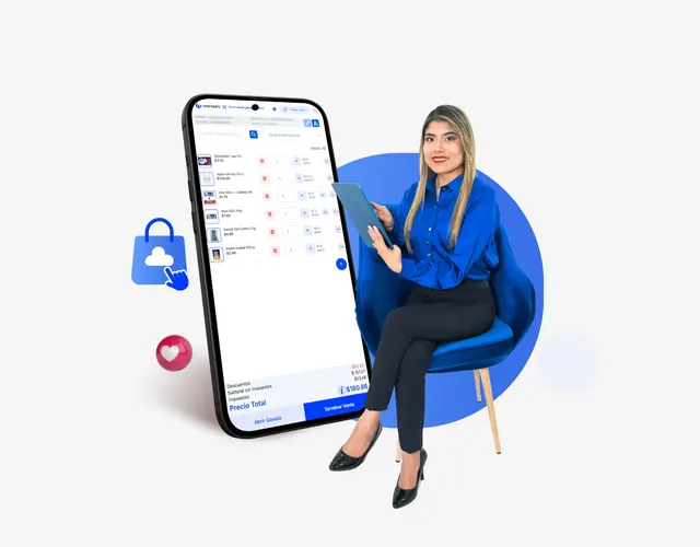 Asesora de Wanqara sentada junto al punto de venta de Wanqara en un celular