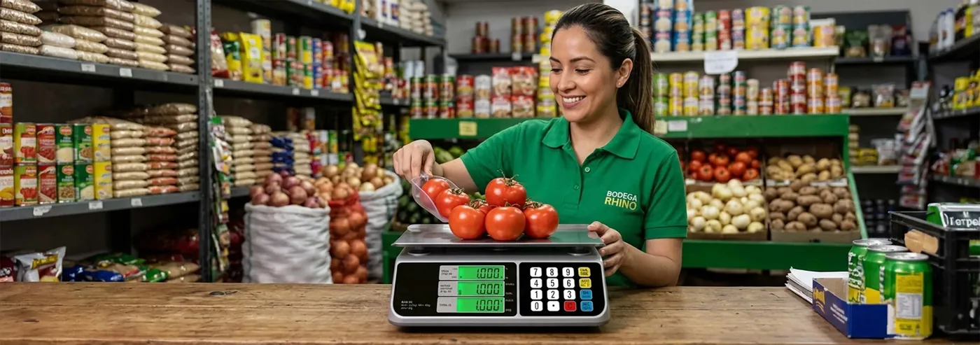 Vendedora pesando verduras en una balanza digital conectada a Wanqara