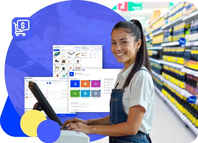 Cajera de un minimarket usando el punto de venta de Wanqara con el inventario en pantalla