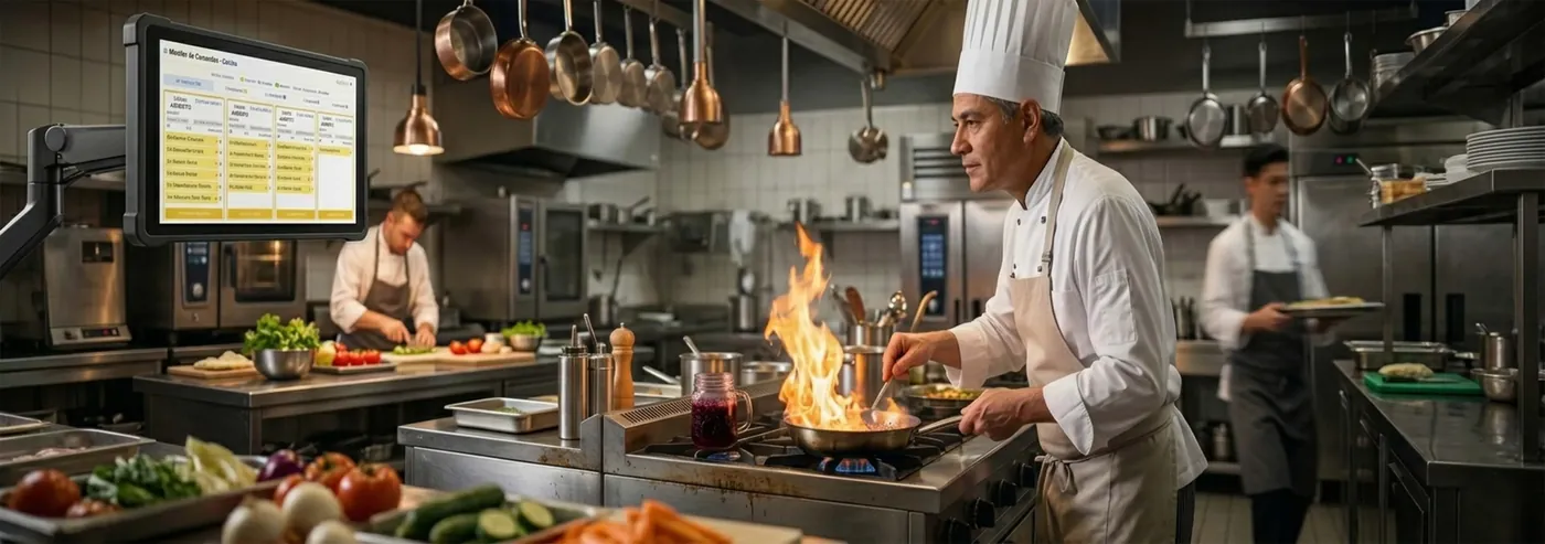 Cocina de restaurante con una pantalla que muestra las comandas ordenadas