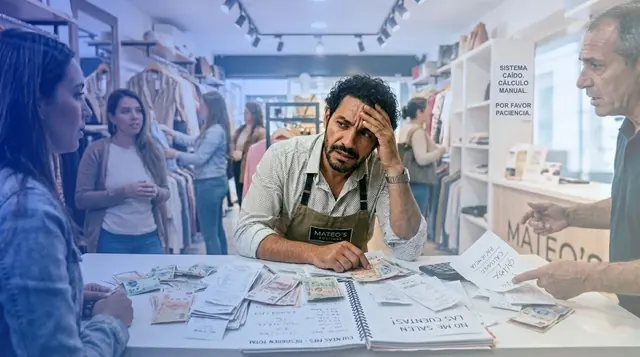 Dueño de una tienda de ropa abrumado por cuentas en papel mientras los clientes esperan
