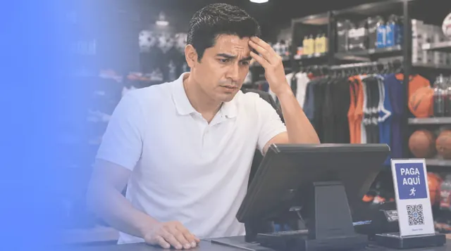 Dueño de una tienda deportiva preocupado frente a la caja registradora