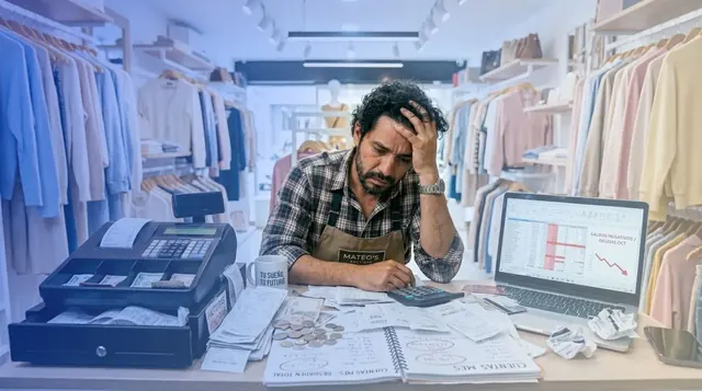 Dueño de una tienda de ropa preocupado junto a la caja y una laptop con ventas a la baja