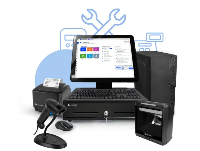 Punto de venta con monitor, impresora térmica, lector de códigos de barras y gaveta de dinero listos para configurar