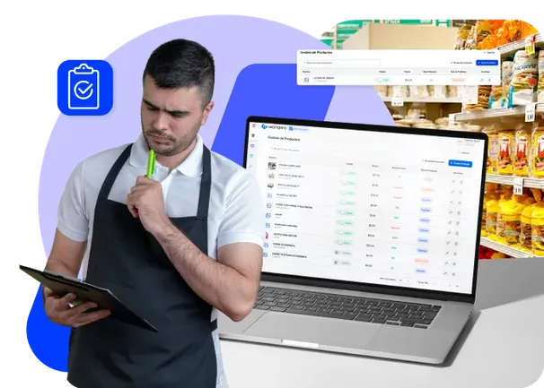 Encargado de un negocio revisando el inventario en la laptop con el sistema Wanqara