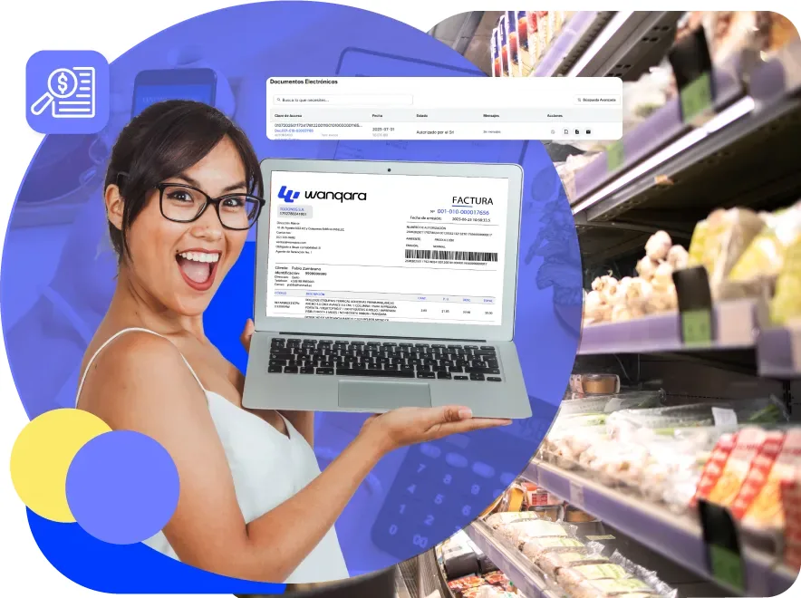 Mujer en un micromercado mostrando una factura electrónica de Wanqara en la laptop