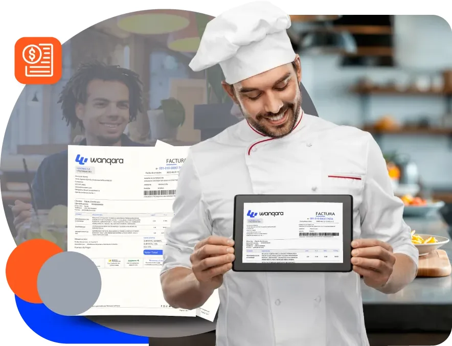 Chef mostrando una factura electrónica de Wanqara en la tablet junto al RIDE impreso