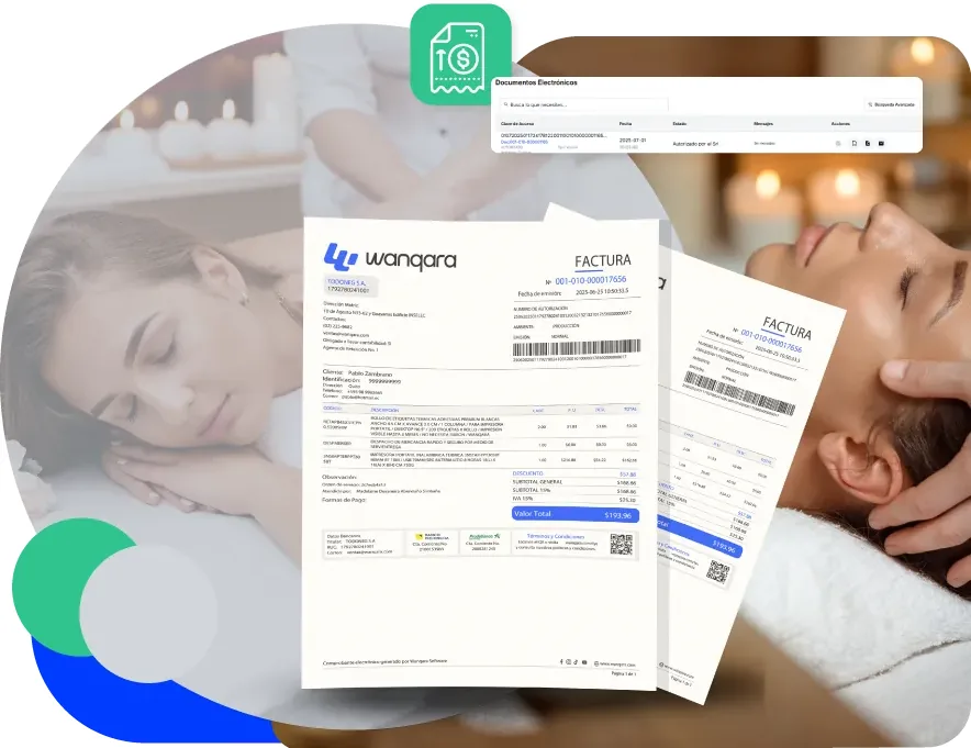 Factura electrónica de Wanqara junto a una clienta en un spa
