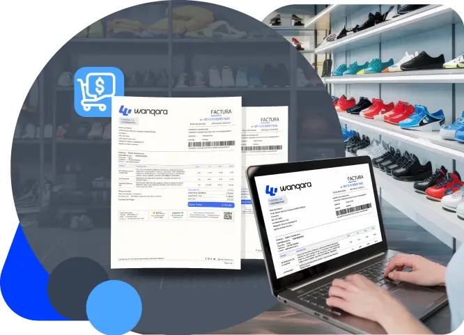 Facturas electrónicas de Wanqara en la laptop frente al estante de zapatillas de una tienda deportiva