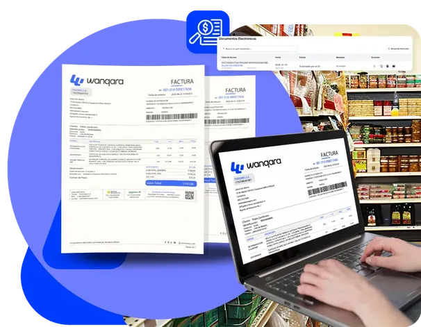 Factura electrónica de Wanqara en papel y en la laptop junto a un negocio