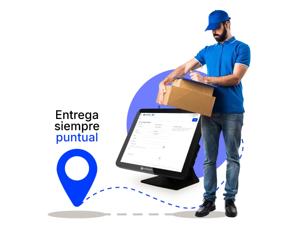 Repartidor con cajas junto a un punto de venta Wanqara y el texto Entrega siempre puntual
