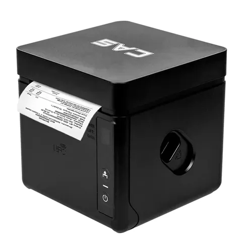 Impresora térmica GCUBE de forma cúbica con un ticket impreso
