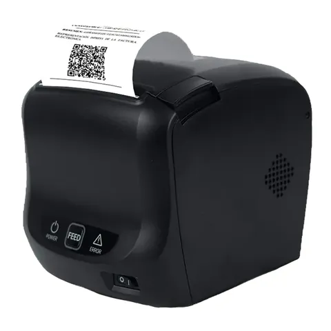 Impresora térmica GIANT100 imprimiendo un ticket con código QR