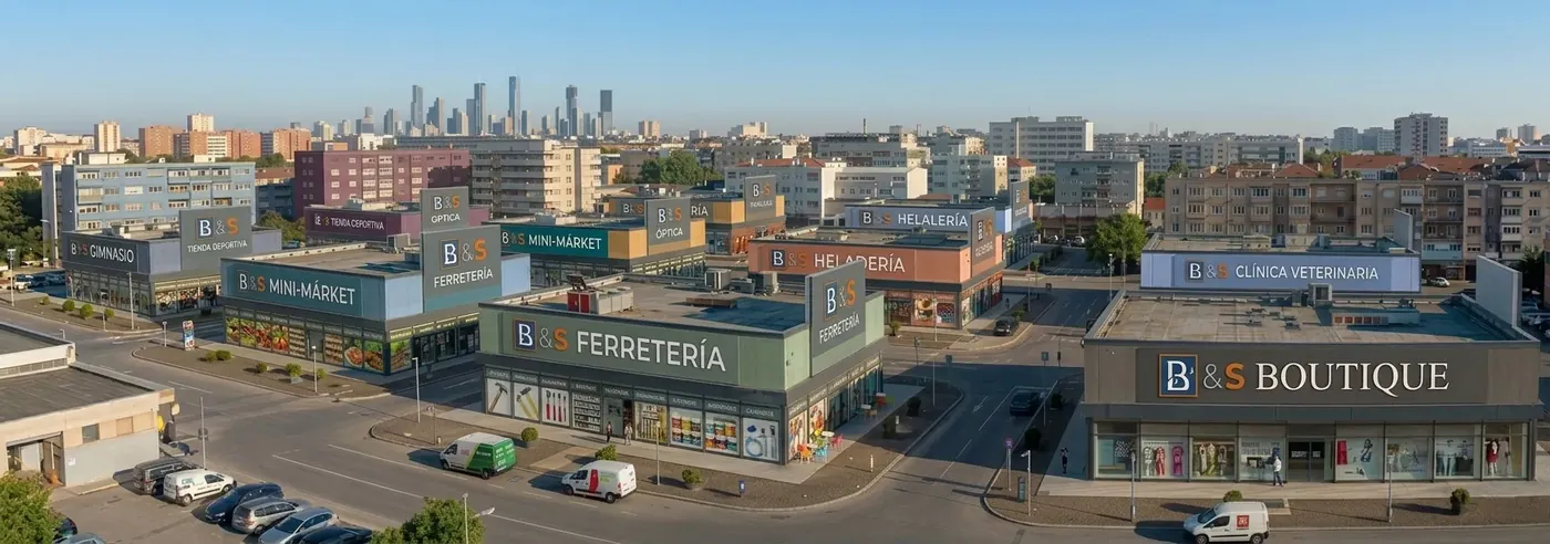 Vista aérea de una ciudad con varios negocios del mismo RUC conectados