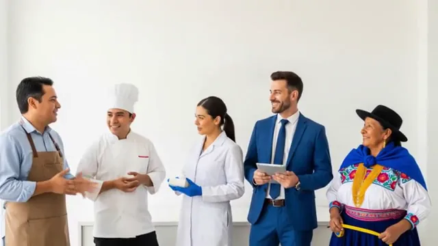 Comerciante, chef, farmacéutica, ejecutivo y artesana conversando sobre facturación electrónica con Wanqara