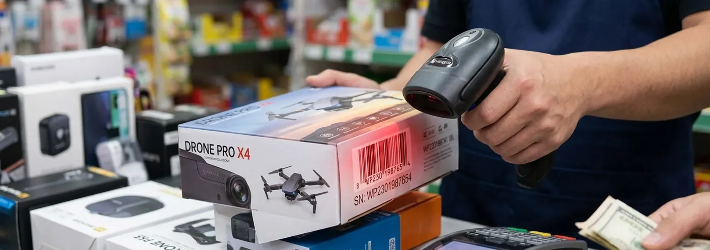 Vendedor leyendo el código de un producto de tecnología con un lector de códigos de barras