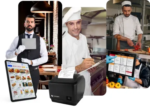 Mesero con tablet, chef y cocinero recibiendo comandas impresas del punto de venta de Wanqara