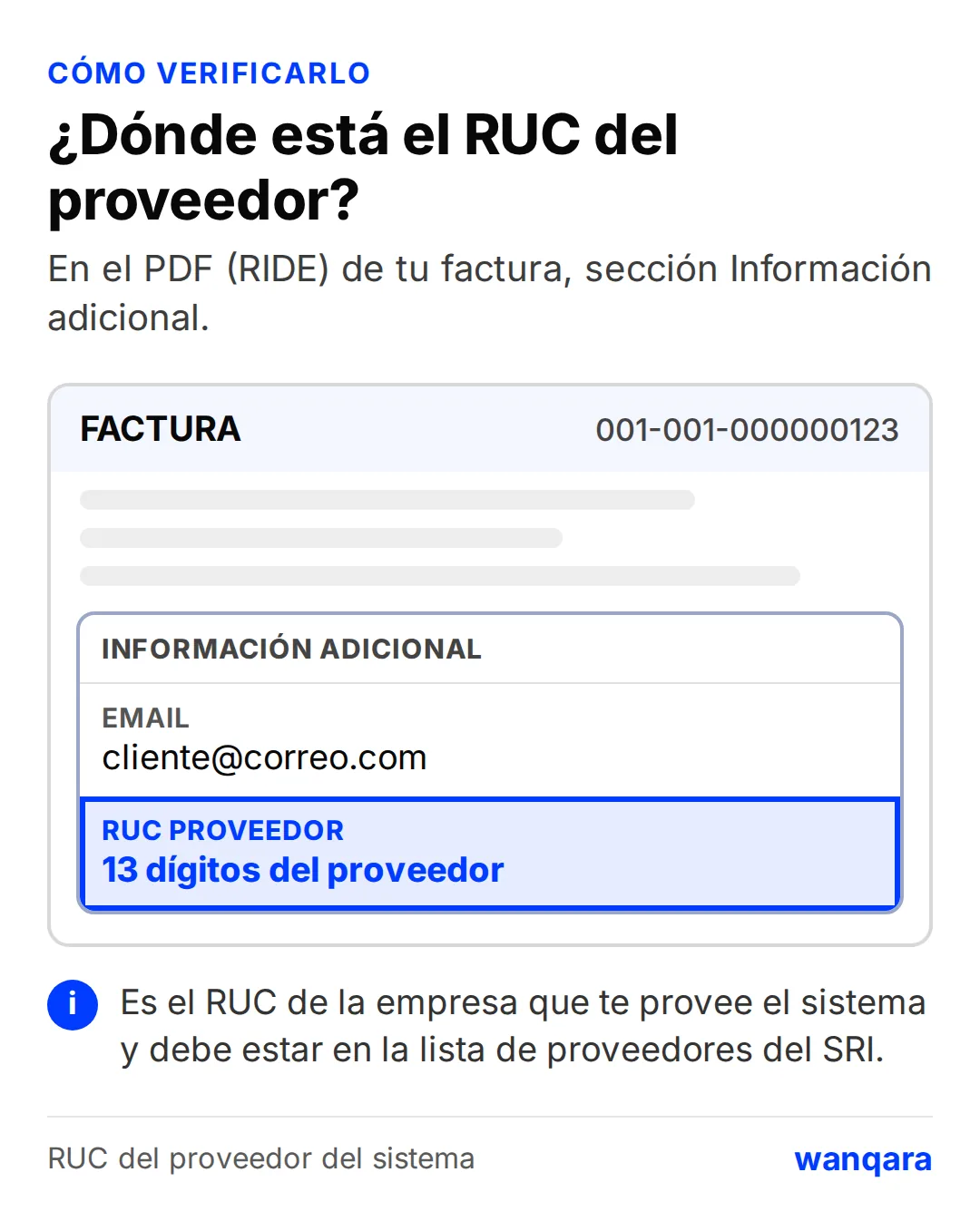 Ejemplo de RIDE de una factura electrónica con la sección Información adicional y la línea RUC proveedor resaltada
