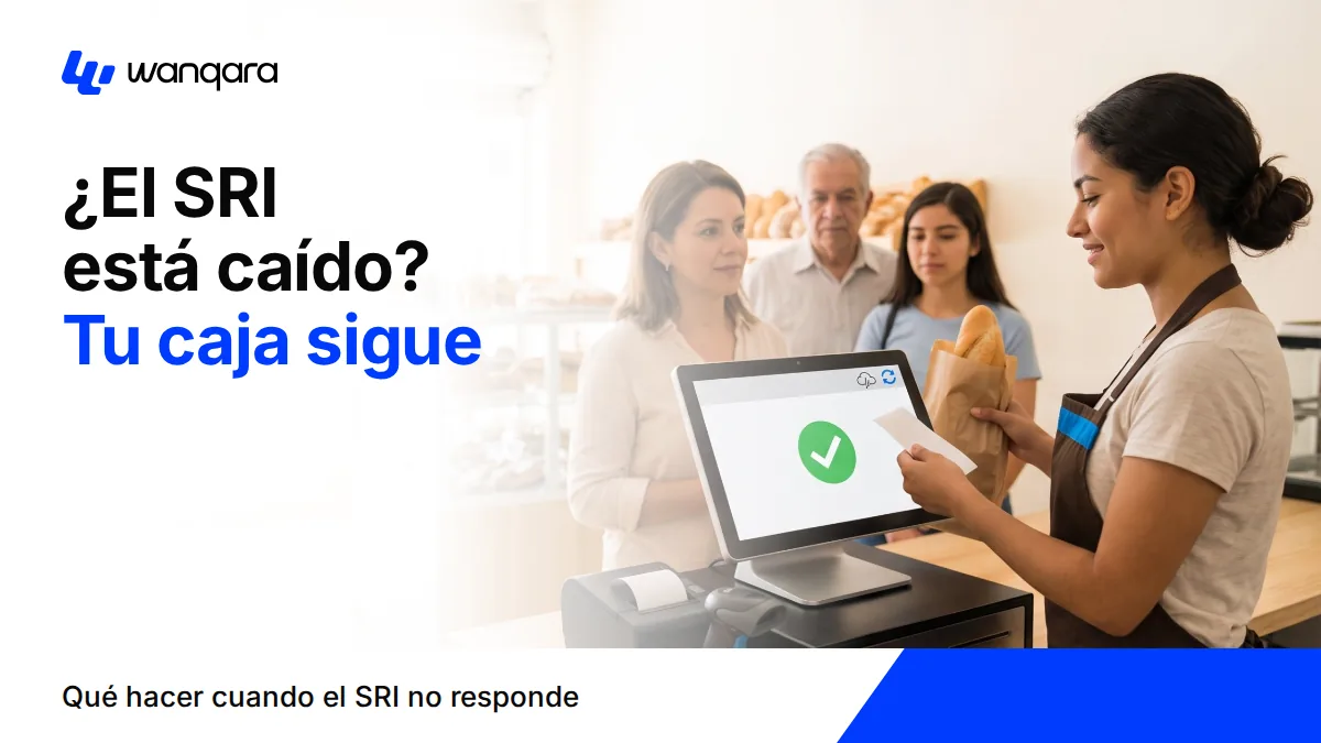 Cajera de una panadería entrega pan y el ticket a una clienta; el punto de venta muestra la venta registrada aunque la conexión con el SRI está caída
