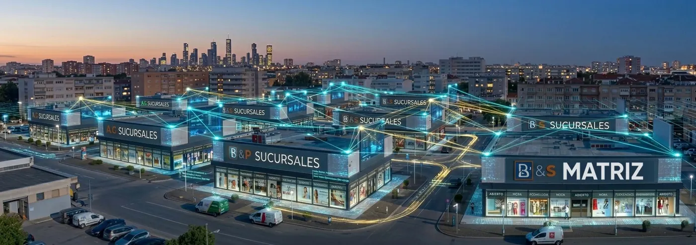 Vista aérea de una ciudad con la matriz y sus sucursales conectadas en red