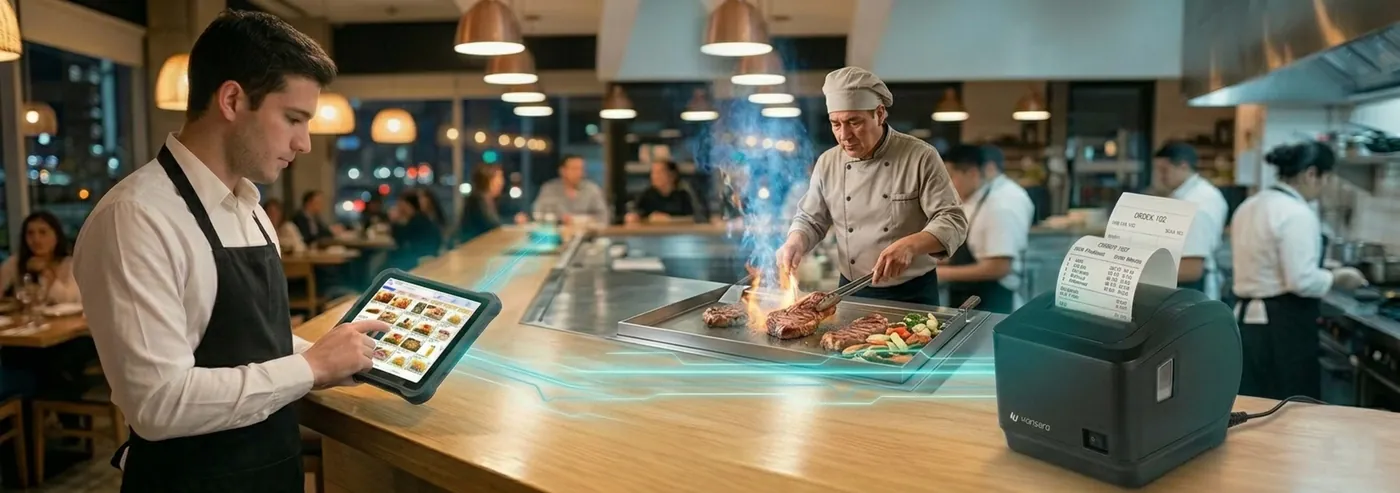 Mesera tomando un pedido en la tablet mientras la comanda se imprime en el restaurante