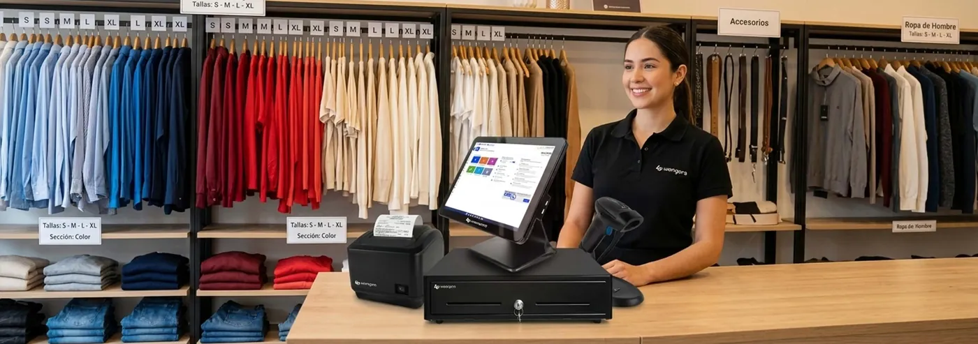 Vendedora atendiendo en una tienda de ropa con el punto de venta de Wanqara