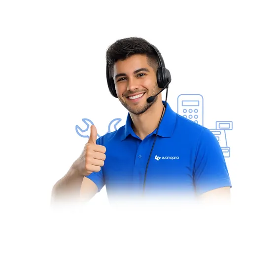 Técnico de soporte de Wanqara con auriculares y el pulgar arriba, listo para ayudarte